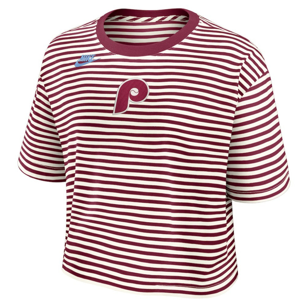 Philadelphia Phillies Women's Cooperstown Collection Striped Cropped T-Shirt Burgundy/Cream | Nike