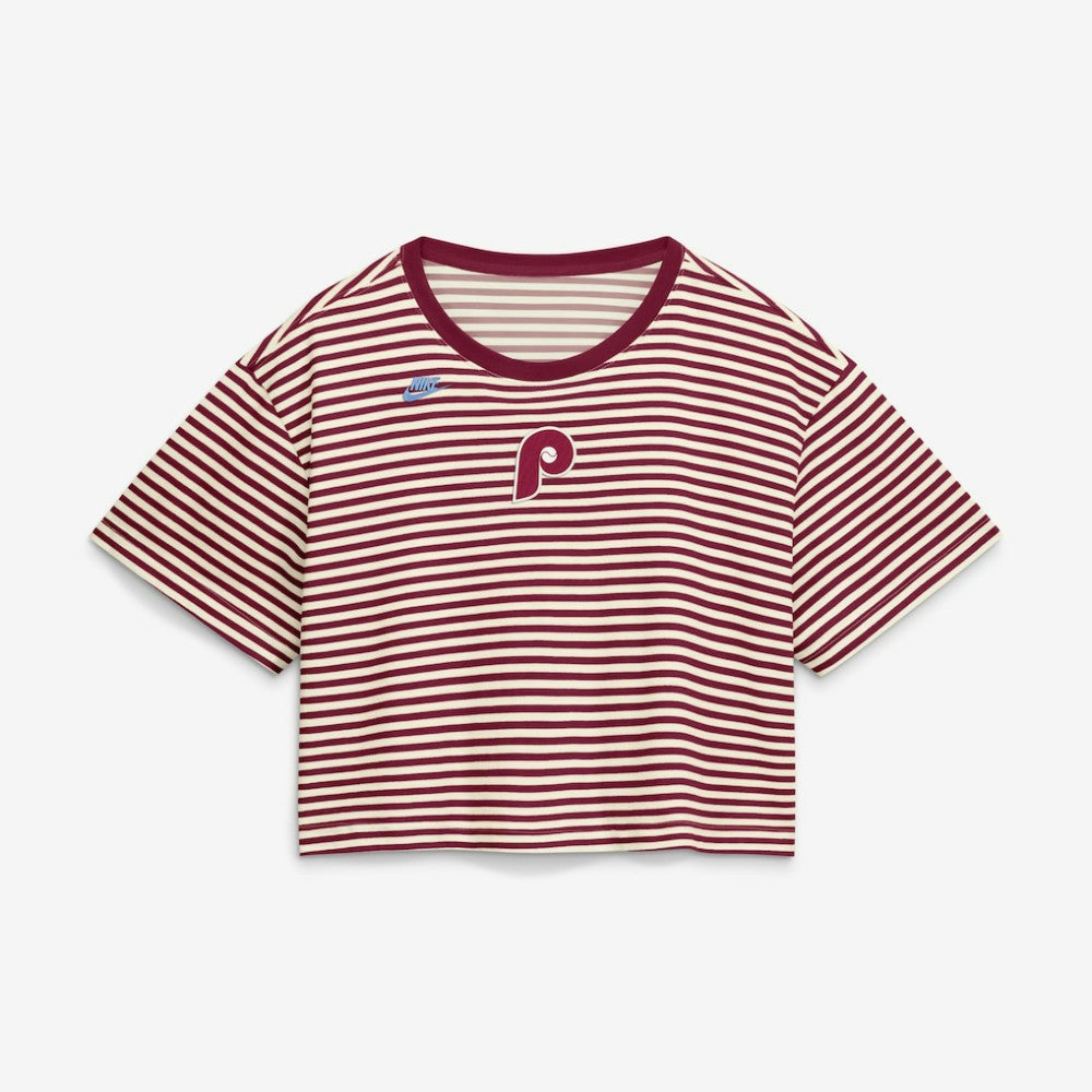 Philadelphia Phillies Women's Cooperstown Collection Striped Cropped T-Shirt Burgundy/Cream | Nike