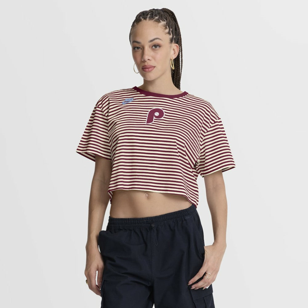 Philadelphia Phillies Women's Cooperstown Collection Striped Cropped T-Shirt Burgundy/Cream | Nike