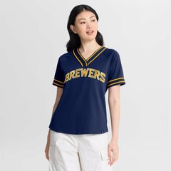 Milwaukee Brewers Women's Diva Race Ahead Raglan V-Neck T-Shirt Navy
