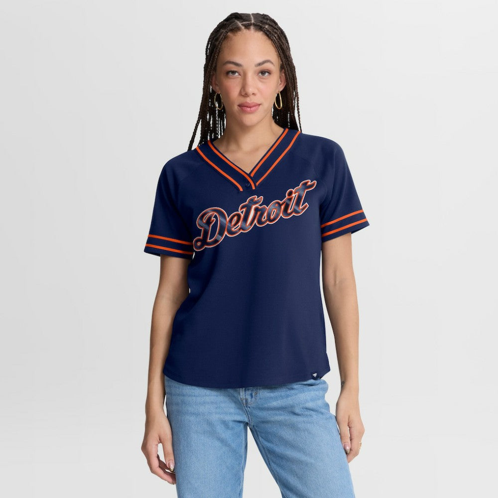 Detroit Tigers Women's Diva Race Ahead Raglan V-Neck T-Shirt Navy