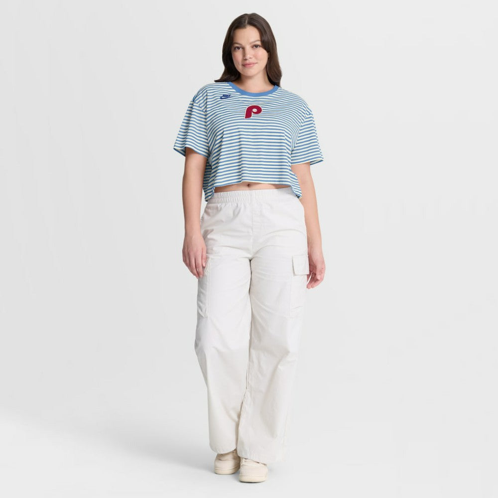 Philadelphia Phillies Women's Cooperstown Collection Striped Cropped T-Shirt Light Blue/Cream | Nike