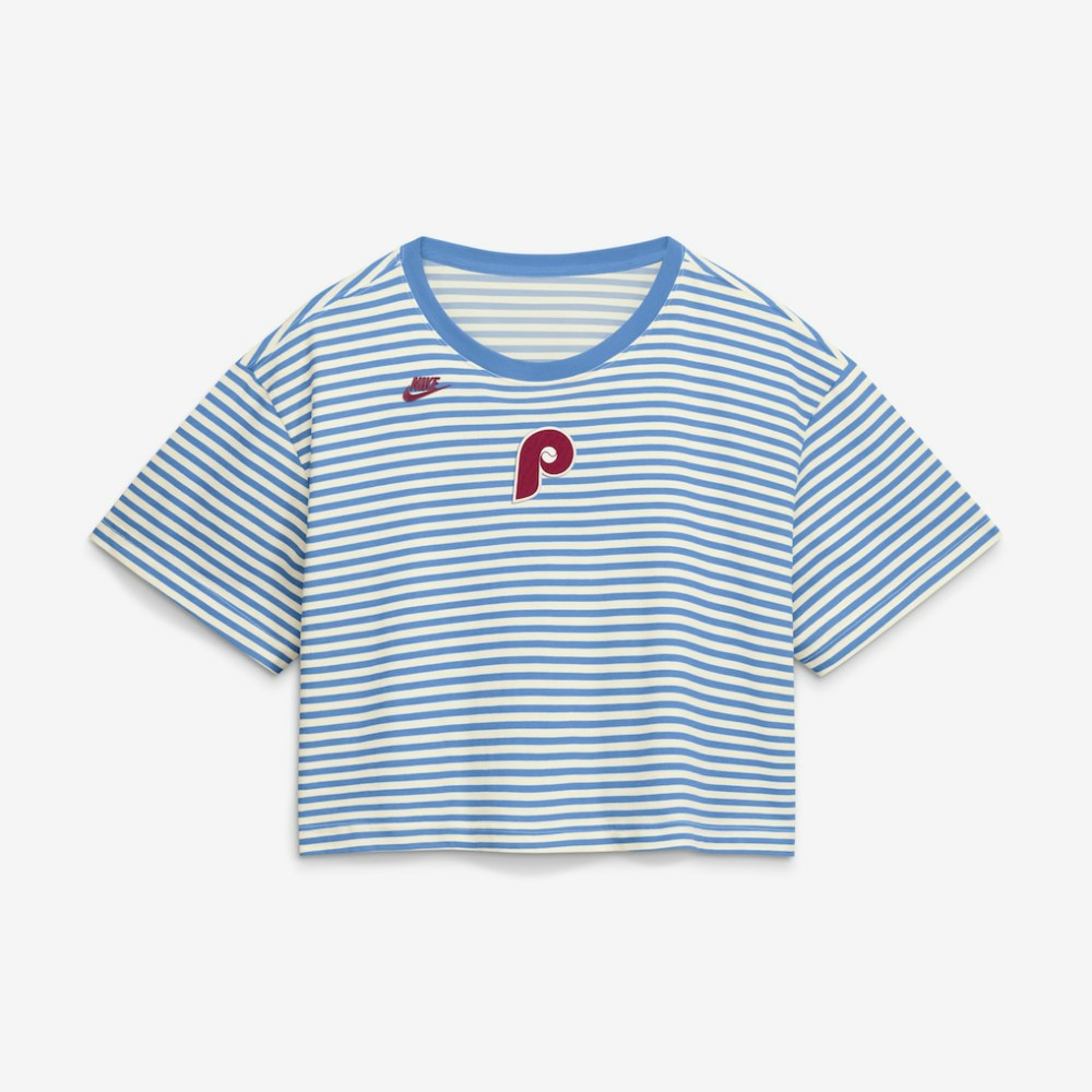 Philadelphia Phillies Women's Cooperstown Collection Striped Cropped T-Shirt Light Blue/Cream | Nike