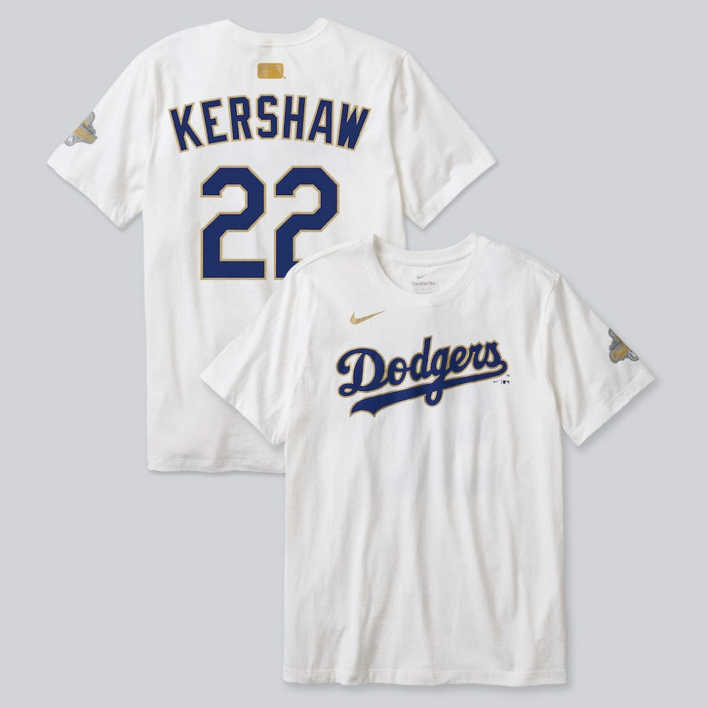 Clayton Kershaw Los Angeles Dodgers 2026 Gold Collection Player Name & Number T-Shirt White | Nike