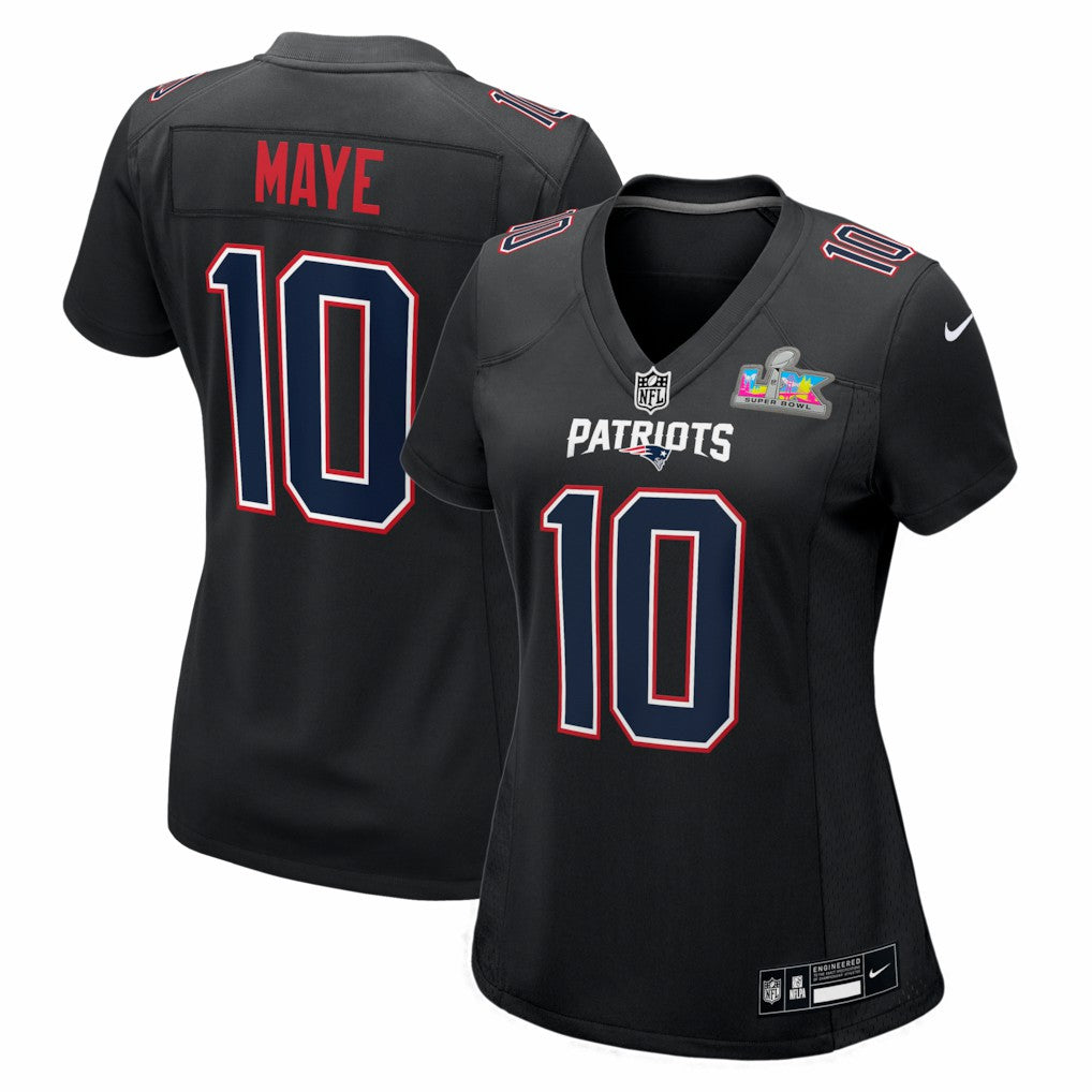 Drake Maye New England Patriots Women's Super Bowl LX Patch Carbon Fashion Game Jersey - Black