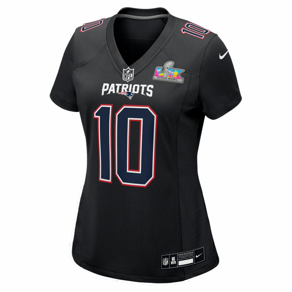 Drake Maye New England Patriots Women's Super Bowl LX Patch Carbon Fashion Game Jersey - Black