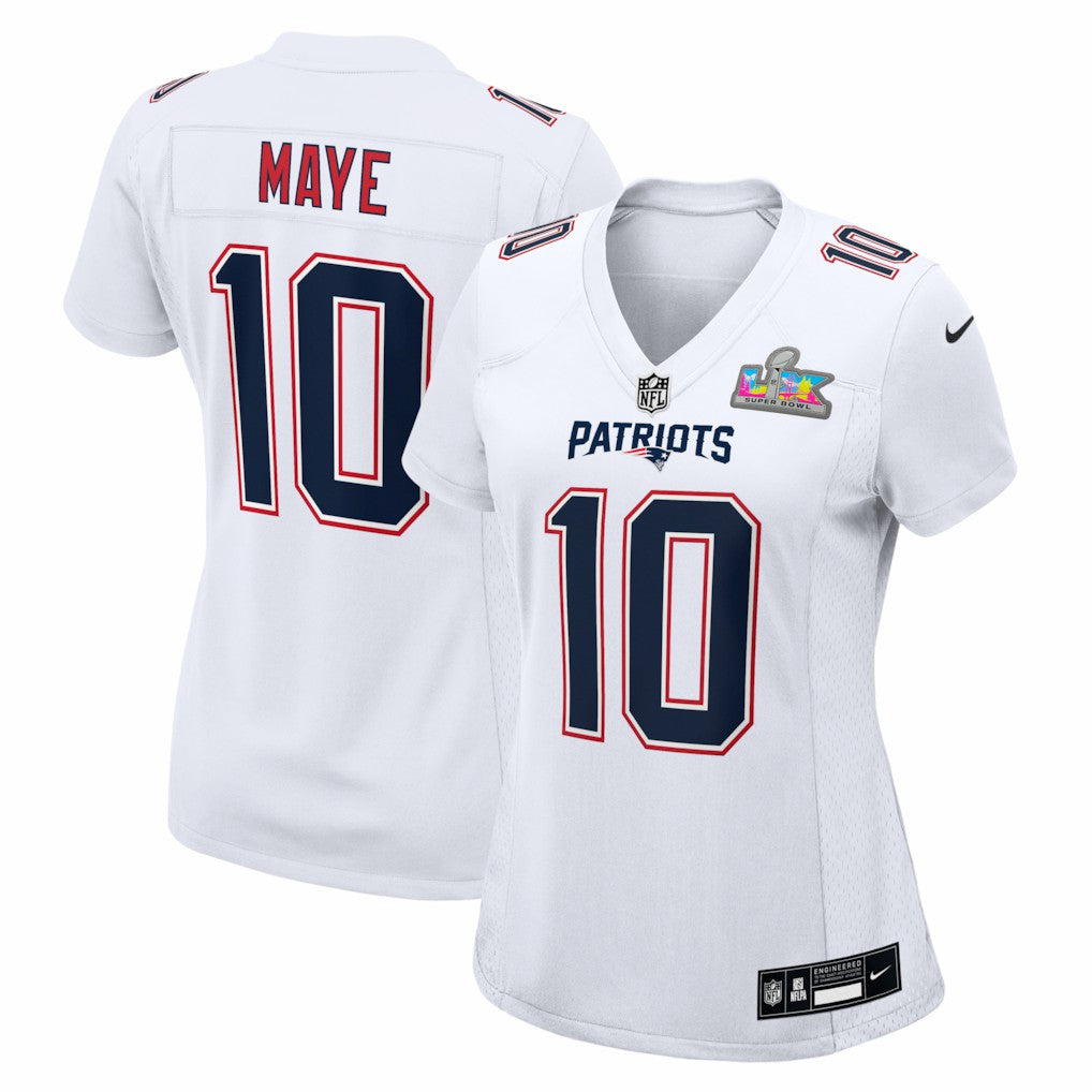 Drake Maye New England Patriots Women's Super Bowl LX Patch Tundra Fashion Game Jersey - White