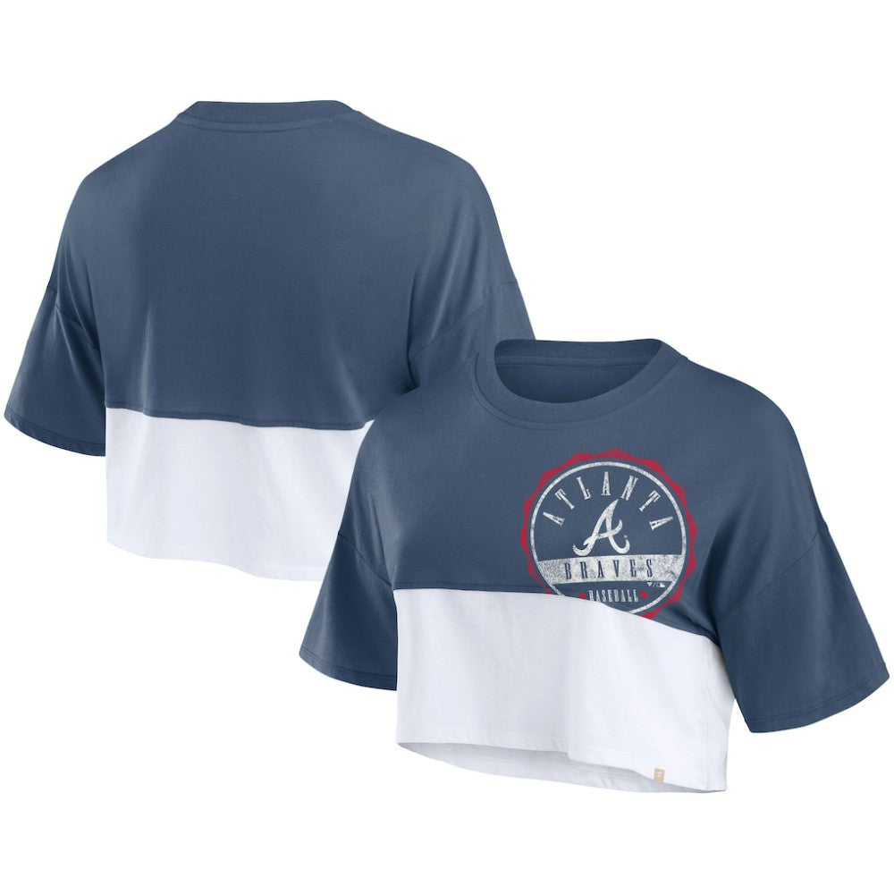 Atlanta Braves Women's Color Split Boxy Cropped T-Shirt Navy/White