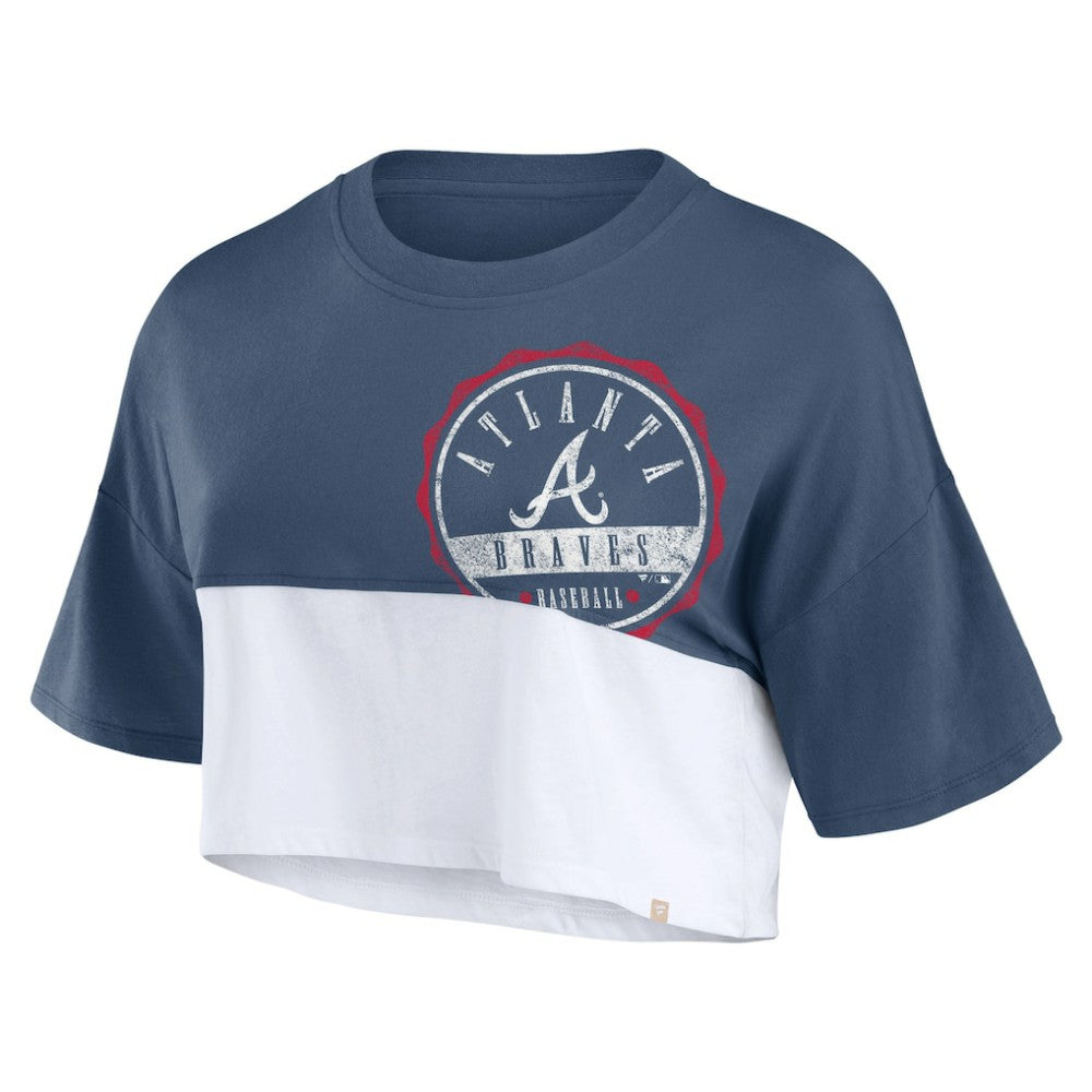 Atlanta Braves Women's Color Split Boxy Cropped T-Shirt Navy/White