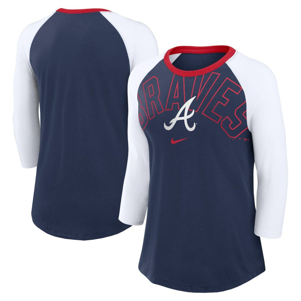 Atlanta Braves Women's Knockout Arch 3/4-Sleeve Raglan Tri-Blend T-Shirt Navy/White | Nike
