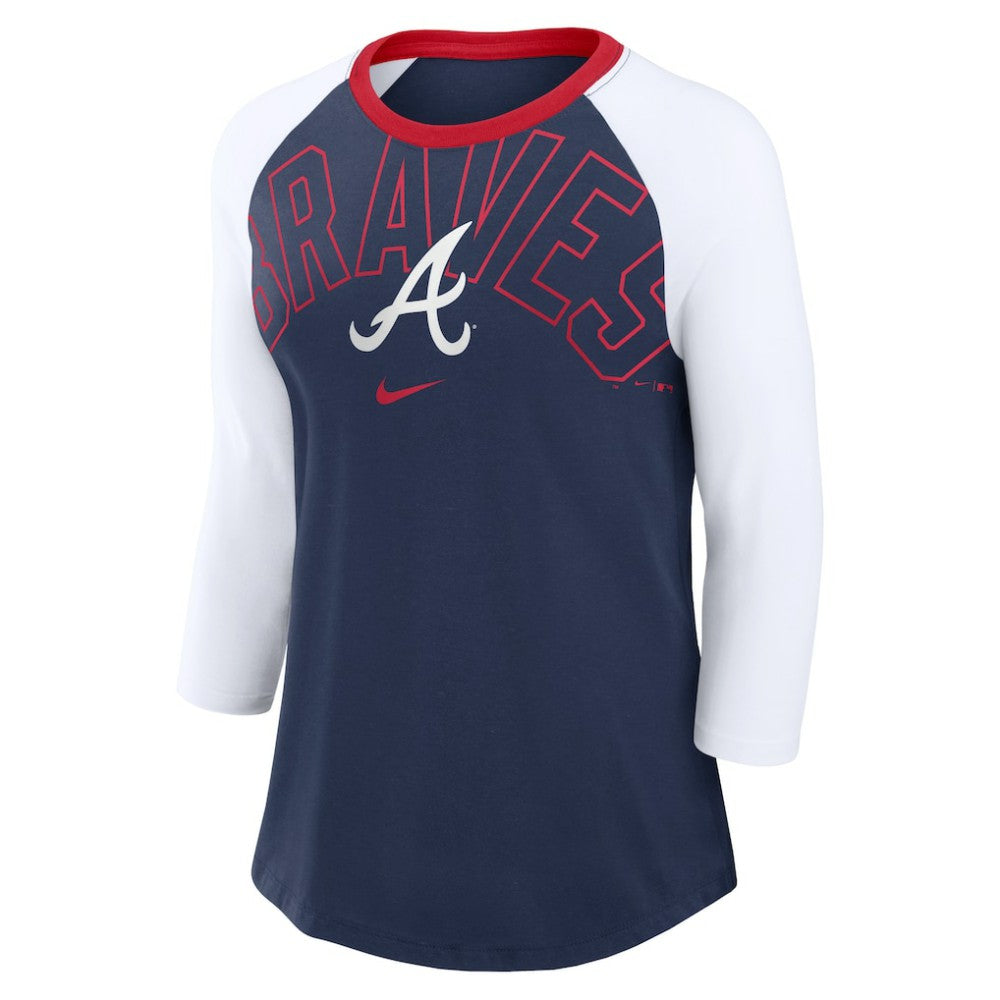 Atlanta Braves Women's Knockout Arch 3/4-Sleeve Raglan Tri-Blend T-Shirt Navy/White | Nike
