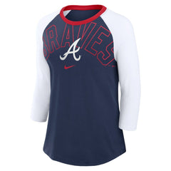 Atlanta Braves Women's Knockout Arch 3/4-Sleeve Raglan Tri-Blend T-Shirt Navy/White | Nike