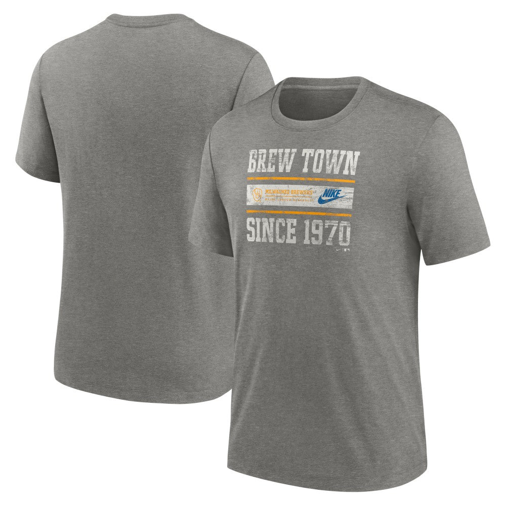 Milwaukee Brewers Cooperstown Collection Local Stack Tri-Blend T-Shirt Heather Charcoal | Nike