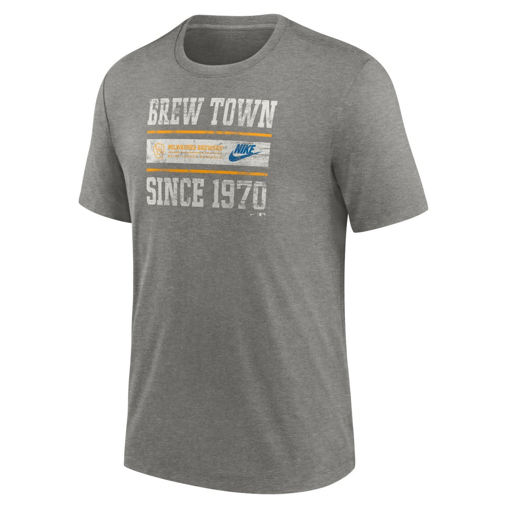 Milwaukee Brewers Cooperstown Collection Local Stack Tri-Blend T-Shirt Heather Charcoal | Nike