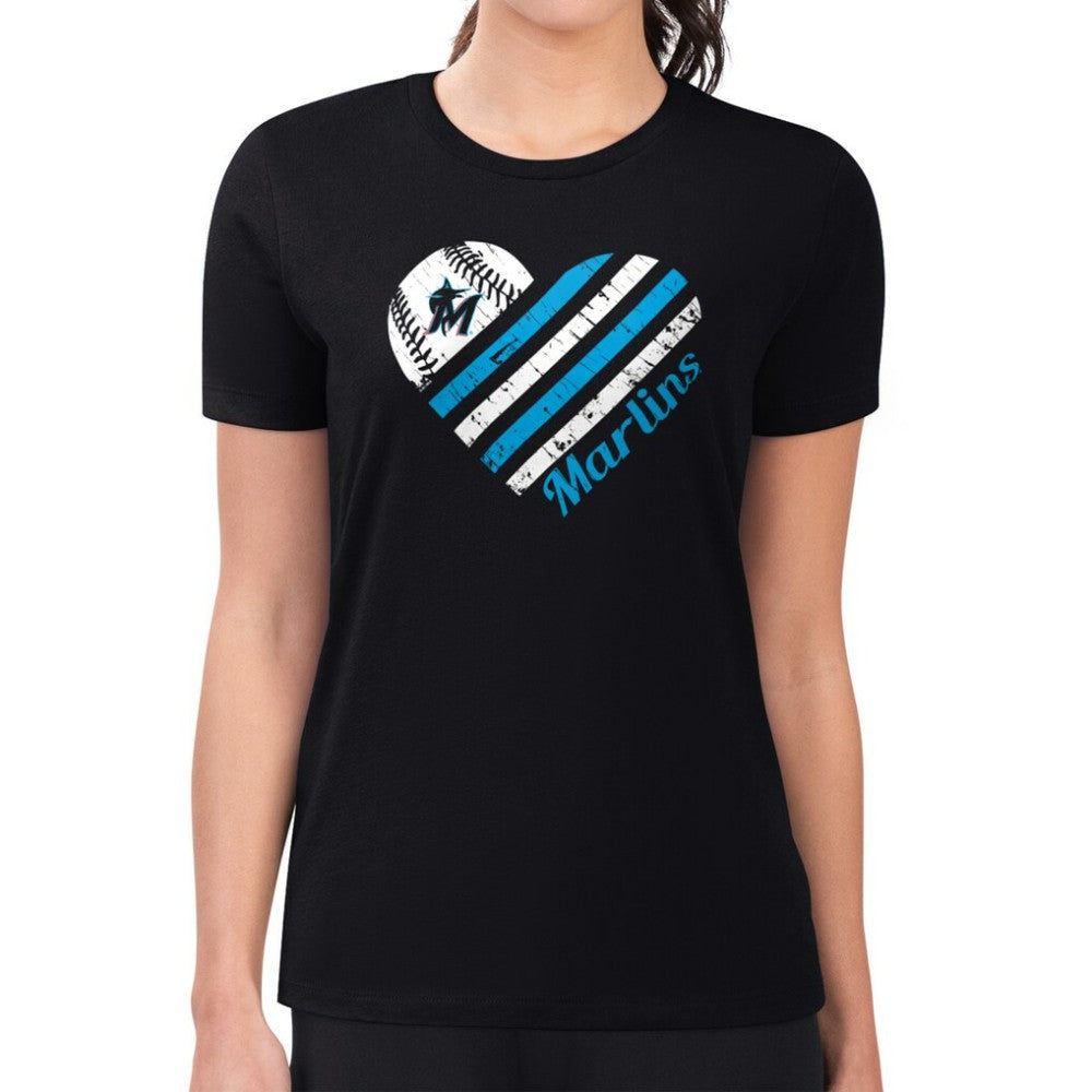 Miami Marlins G-III 4Her by Carl Banks Women's Super-Slim Fit Lightweight Heart Graphic T-Shirt Black