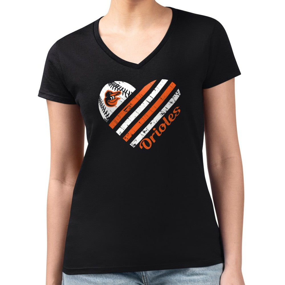 Baltimore Orioles G-III 4Her by Carl Banks Women's Super-Slim Fit Lightweight Heart V-Neck T-Shirt Black