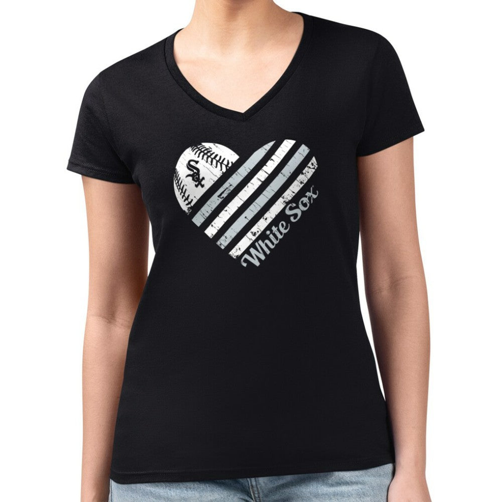 Chicago White Sox G-III 4Her by Carl Banks Women's Super-Slim Fit Lightweight Heart V-Neck T-Shirt Black