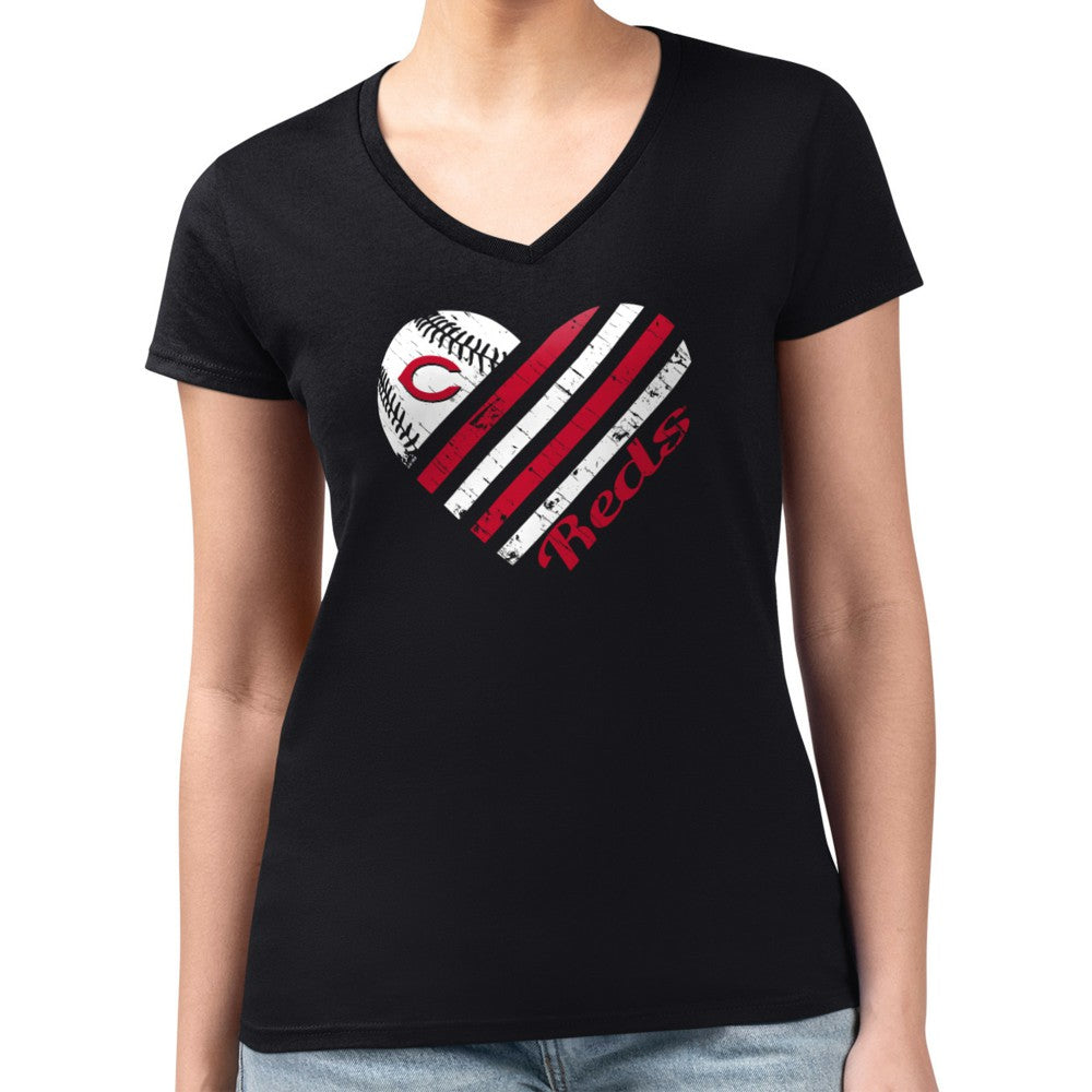 Cincinnati Reds G-III 4Her by Carl Banks Women's Super-Slim Fit Lightweight Heart V-Neck T-Shirt Black