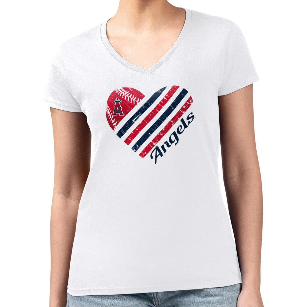 Los Angeles Angels G-III 4Her by Carl Banks Women's Super-Slim Fit Lightweight Heart V-Neck T-Shirt White