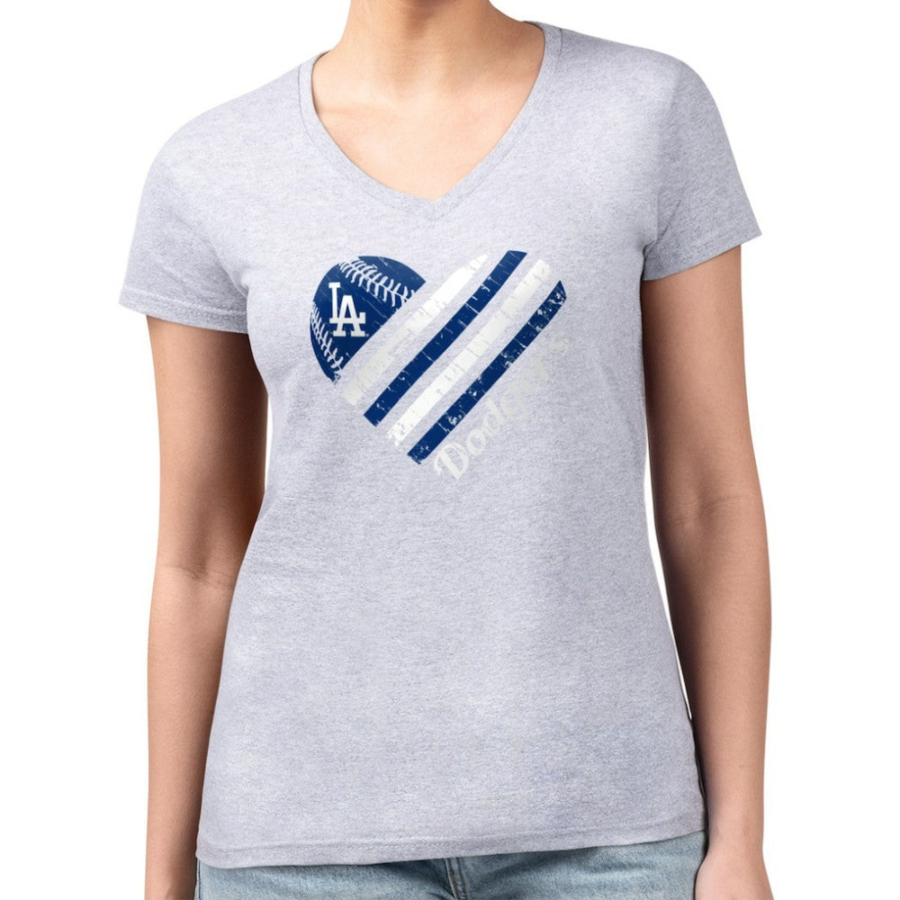 Los Angeles Dodgers G-III 4Her by Carl Banks Women's Super-Slim Fit Lightweight Heart V-Neck T-Shirt Heather Gray