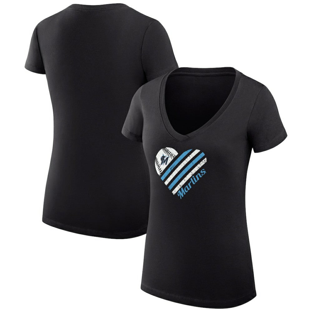 Miami Marlins G-III 4Her by Carl Banks Women's Super-Slim Fit Lightweight Heart V-Neck T-Shirt Black