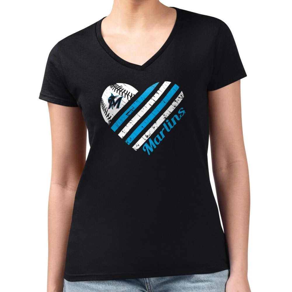 Miami Marlins G-III 4Her by Carl Banks Women's Super-Slim Fit Lightweight Heart V-Neck T-Shirt Black