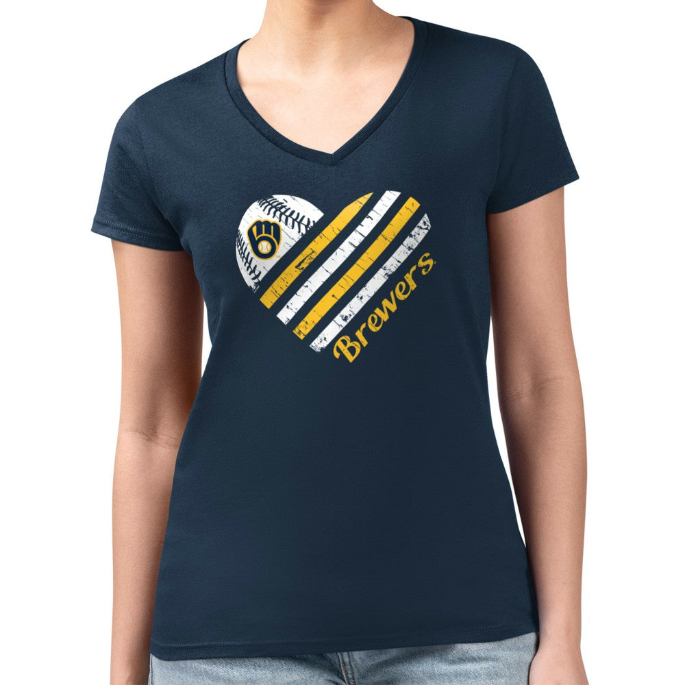 Milwaukee Brewers G-III 4Her by Carl Banks Women's Super-Slim Fit Lightweight Heart V-Neck T-Shirt Navy