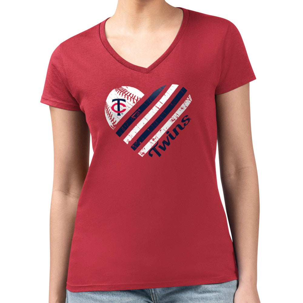 Minnesota Twins G-III 4Her by Carl Banks Women's Super-Slim Fit Lightweight Heart V-Neck T-Shirt Red