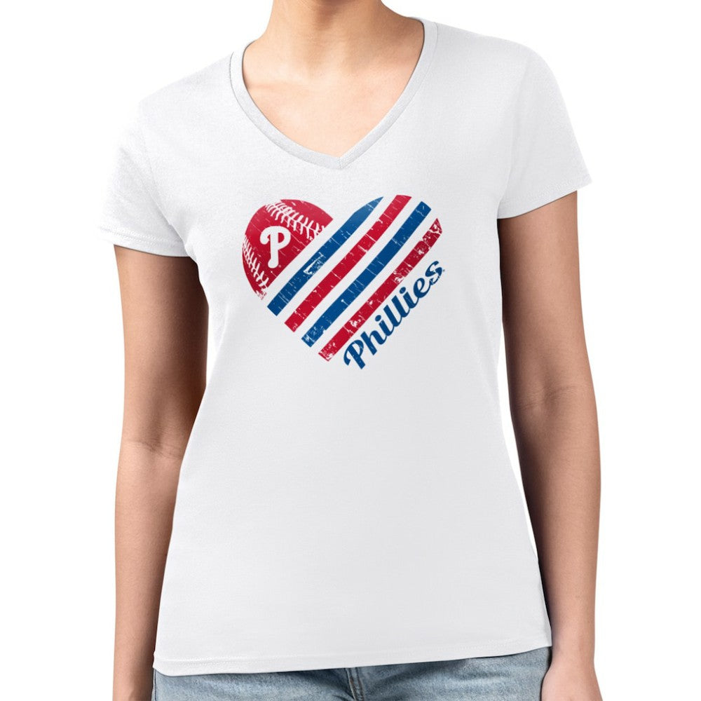 Philadelphia Phillies G-III 4Her by Carl Banks Women's Super-Slim Fit Lightweight Heart V-Neck T-Shirt White