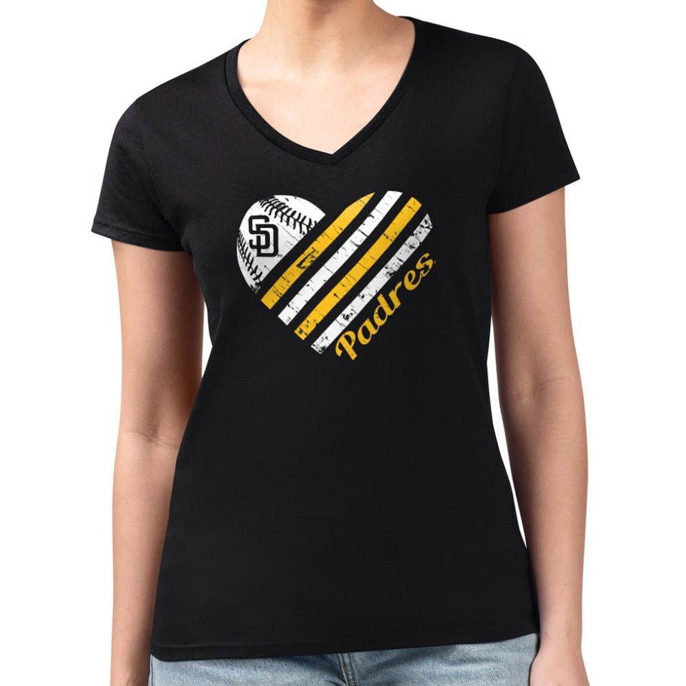 San Diego Padres G-III 4Her by Carl Banks Women's Super-Slim Fit Lightweight Heart V-Neck T-Shirt Black