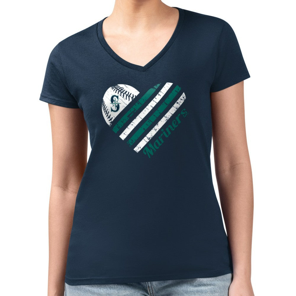 Seattle Mariners G-III 4Her by Carl Banks Women's Super-Slim Fit Lightweight Heart V-Neck T-Shirt Navy