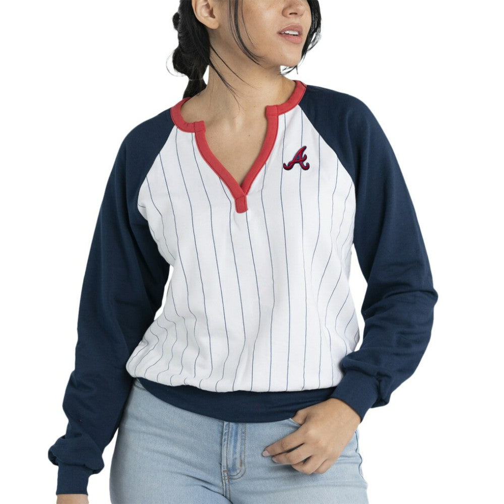 Atlanta Braves Lusso Women's Mack Fleece V-Neck Pullover Top White/Navy