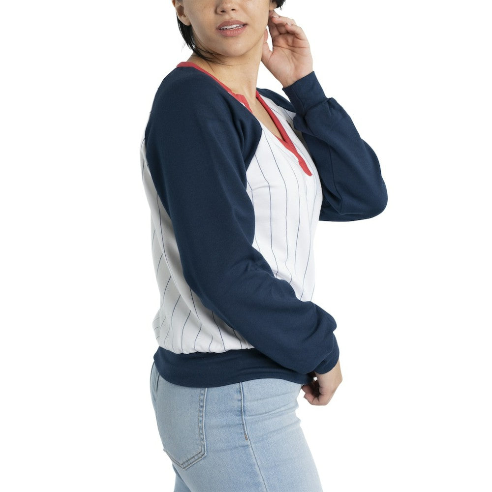 Atlanta Braves Lusso Women's Mack Fleece V-Neck Pullover Top White/Navy
