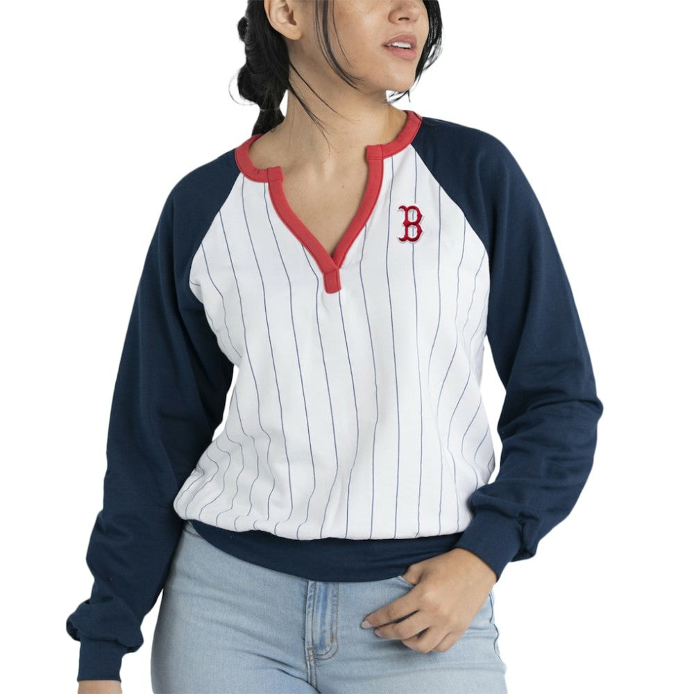 Boston Red Sox Lusso Women's Mack Fleece V-Neck Pullover Top White/Navy