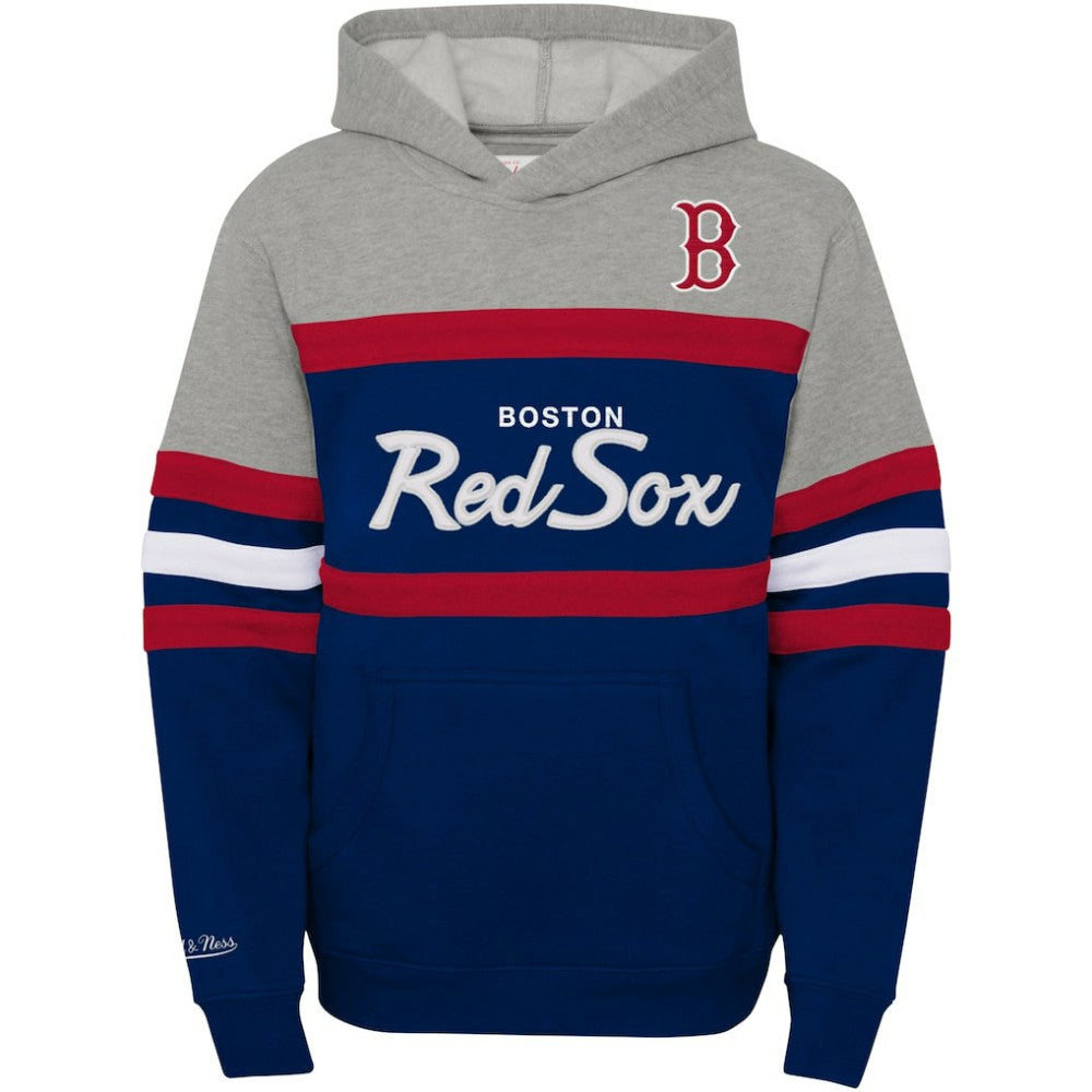 Boston Red Sox Youth Cooperstown Collection Head Coach Pullover Hoodie Heather Gray/Navy | Mitchell & Ness