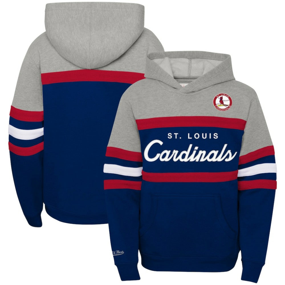 St. Louis Cardinals Youth Cooperstown Collection Head Coach Pullover Hoodie Heather Gray/Navy | Mitchell & Ness