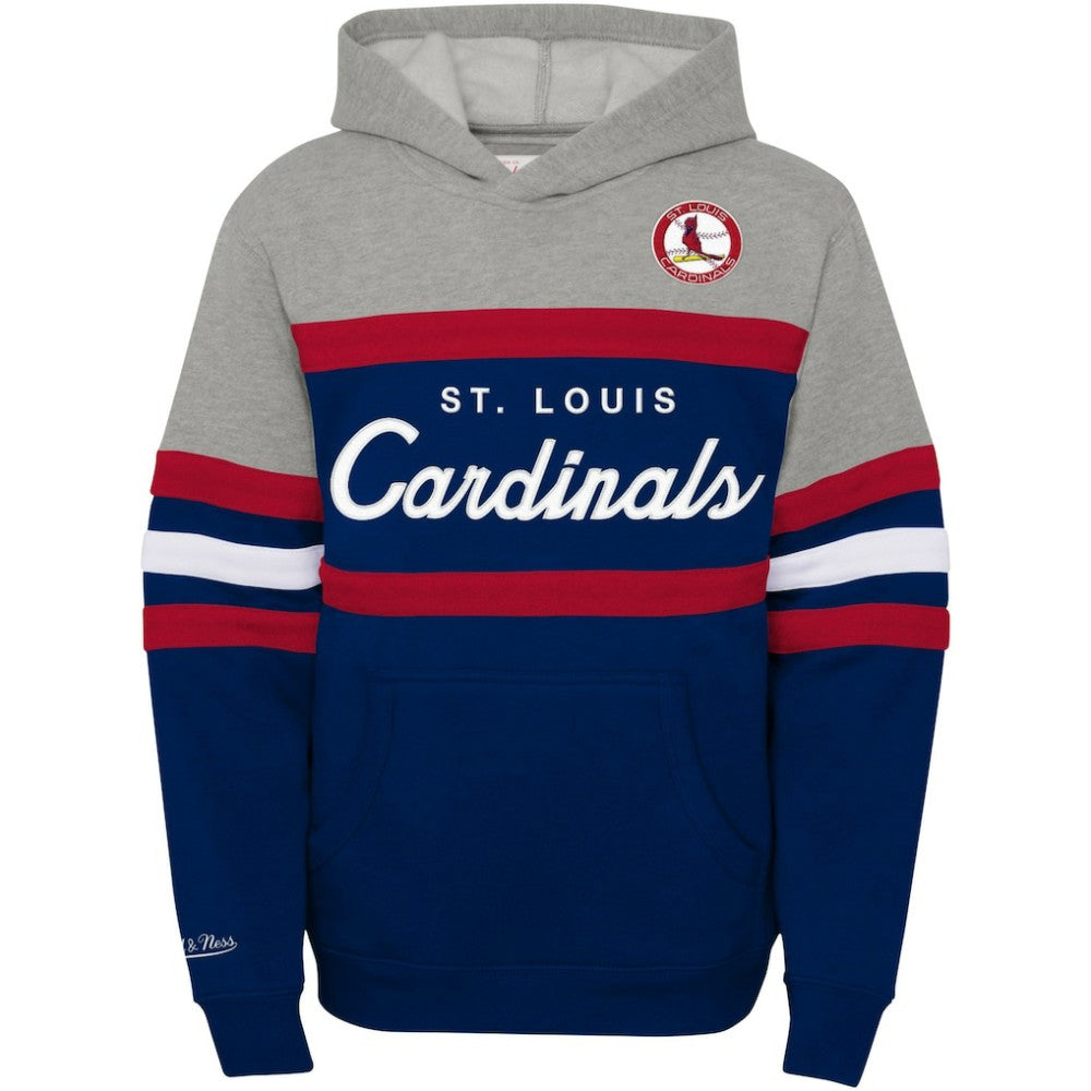 St. Louis Cardinals Youth Cooperstown Collection Head Coach Pullover Hoodie Heather Gray/Navy | Mitchell & Ness