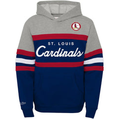 St. Louis Cardinals Youth Cooperstown Collection Head Coach Pullover Hoodie Heather Gray/Navy | Mitchell & Ness