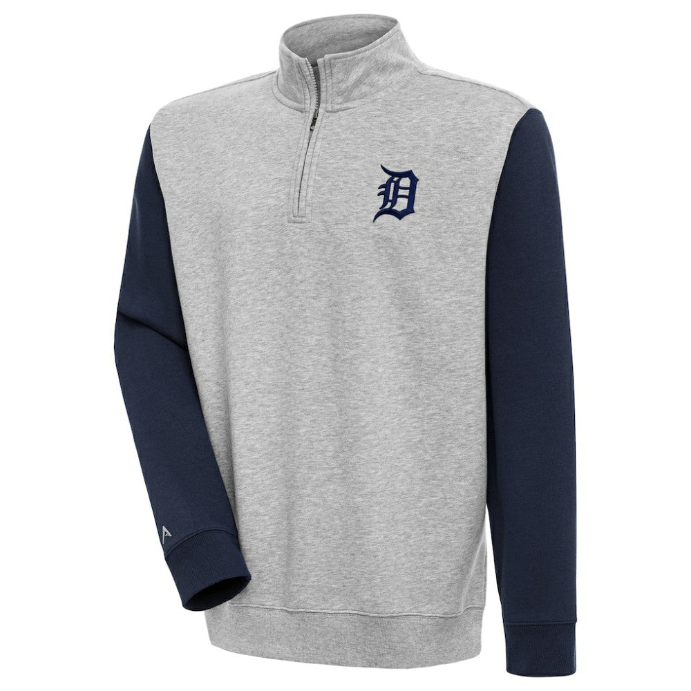 Detroit Tigers Antigua Victory Colorblock Quarter-Zip Pullover Top Heather Gray/Navy