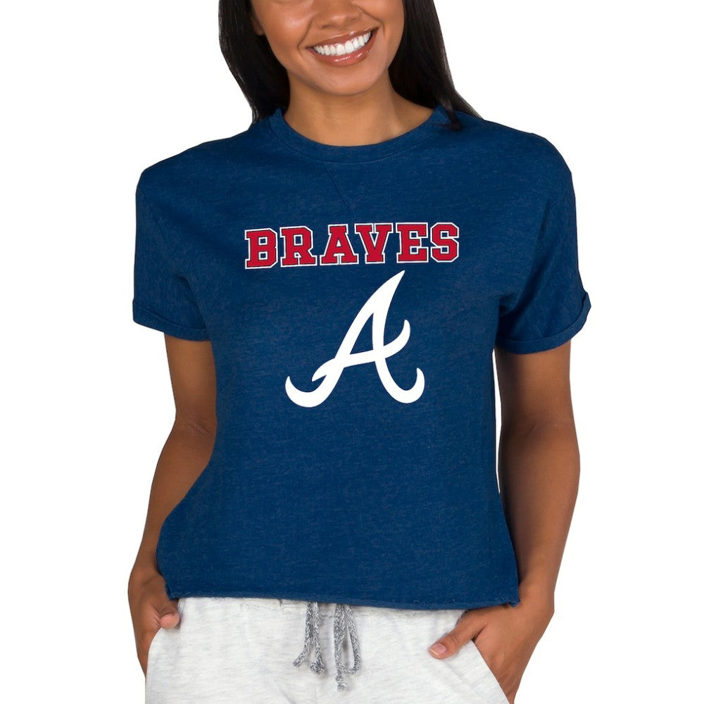 Atlanta Braves Concepts Sport Women's Tri-Blend Mainstream Terry Short Sleeve Sweatshirt Top Navy
