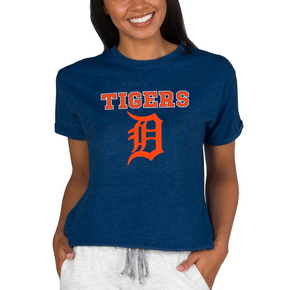 Detroit Tigers Concepts Sport Women's Tri-Blend Mainstream Terry Short Sleeve Sweatshirt Top Navy