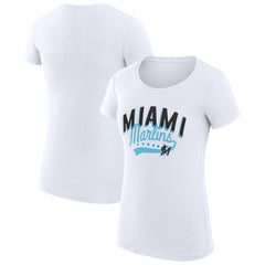 Miami Marlins G-III 4Her by Carl Banks Women's Super-Slim Fit Lightweight Filigree Team T-Shirt White