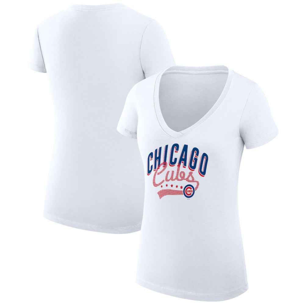 Chicago Cubs G-III 4Her by Carl Banks Women's Super-Slim Fit Lightweight Filigree Team V-Neck T-Shirt White