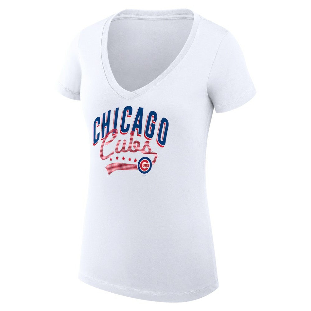 Chicago Cubs G-III 4Her by Carl Banks Women's Super-Slim Fit Lightweight Filigree Team V-Neck T-Shirt White