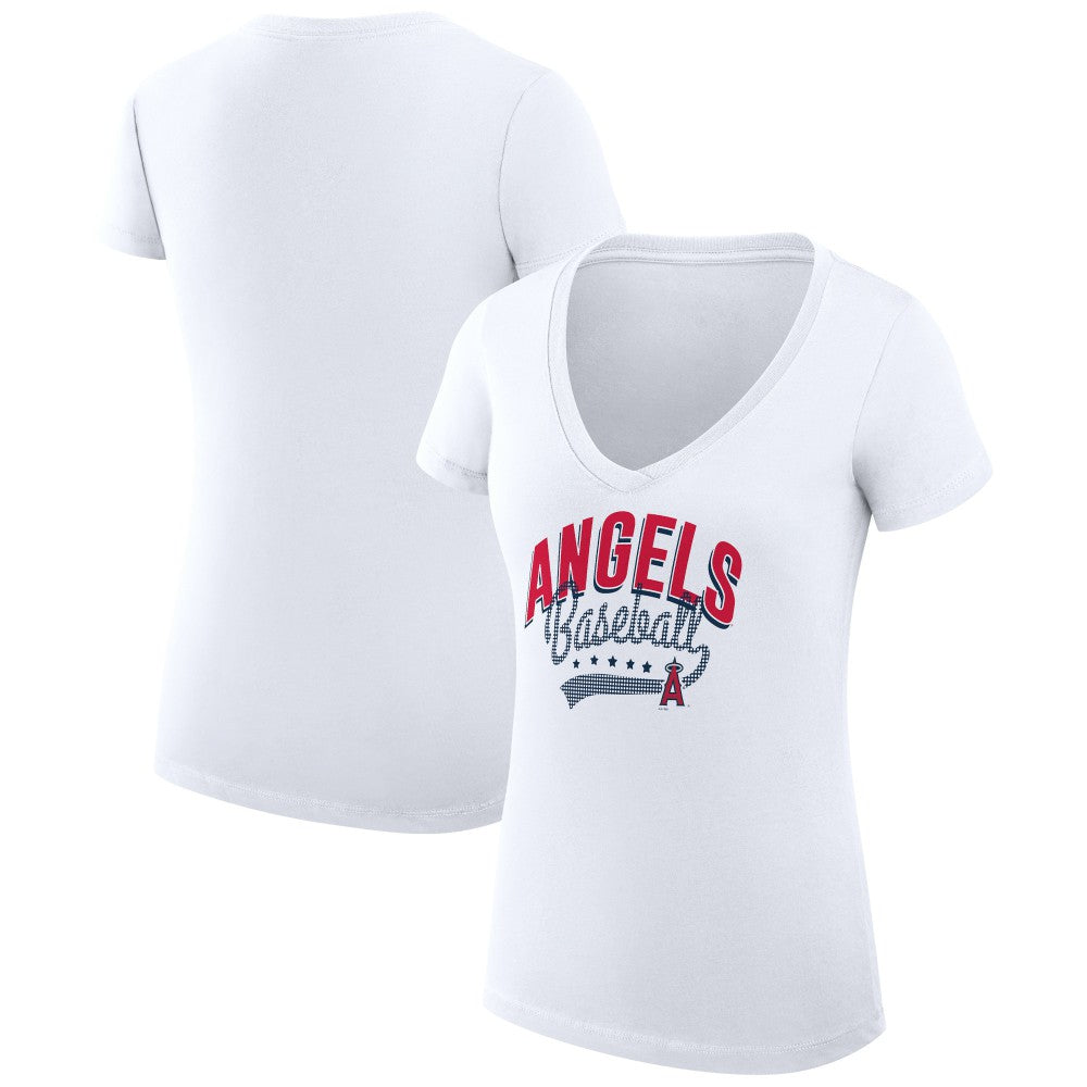 Los Angeles Angels G-III 4Her by Carl Banks Women's Super-Slim Fit Lightweight Filigree Team V-Neck T-Shirt White