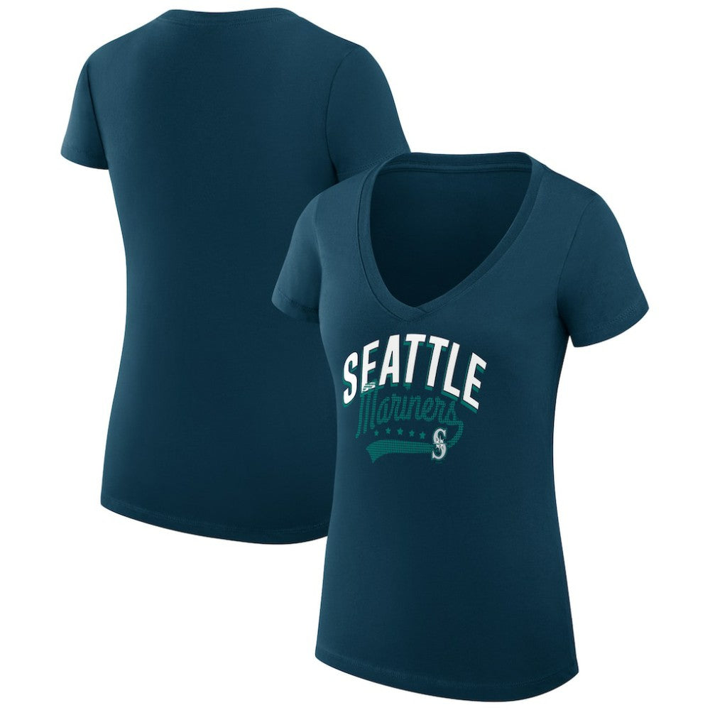 Seattle Mariners G-III 4Her by Carl Banks Women's Super-Slim Fit Lightweight Filigree Team V-Neck T-Shirt Navy