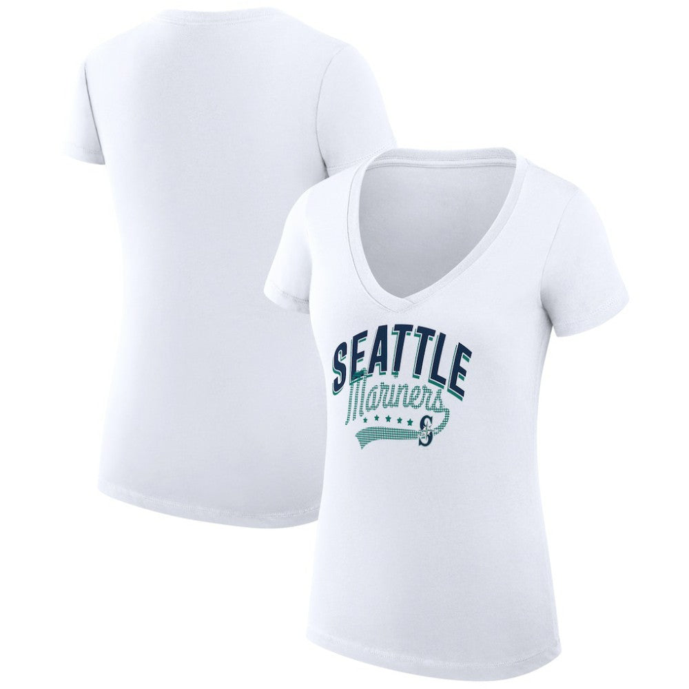 Seattle Mariners G-III 4Her by Carl Banks Women's Super-Slim Fit Lightweight Filigree Team V-Neck T-Shirt White