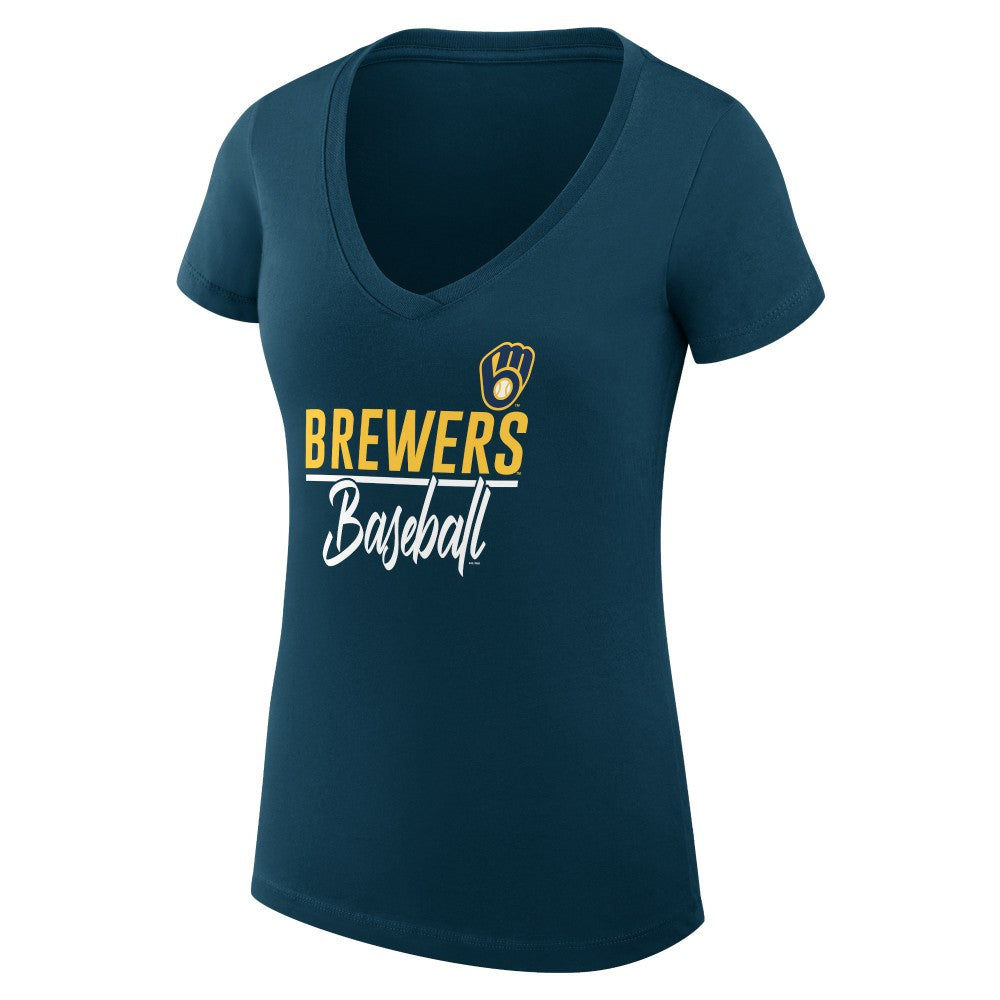 Milwaukee Brewers G-III 4Her by Carl Banks Women's Super-Slim Fit Lightweight Team Graphic V-Neck T-Shirt Navy