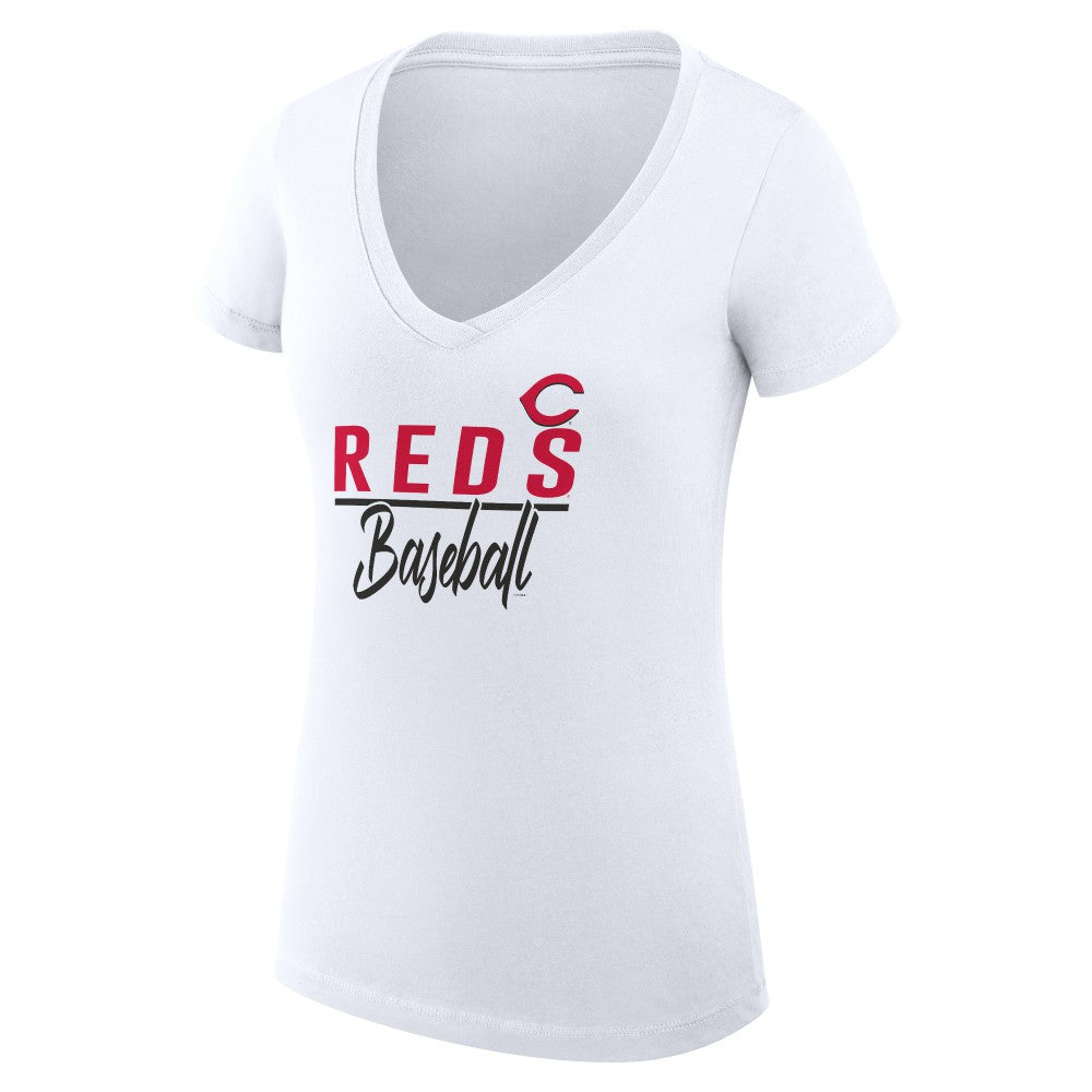 Cincinnati Reds G-III 4Her by Carl Banks Women's Super-Slim Fit Lightweight Team Graphic V-Neck T-Shirt White