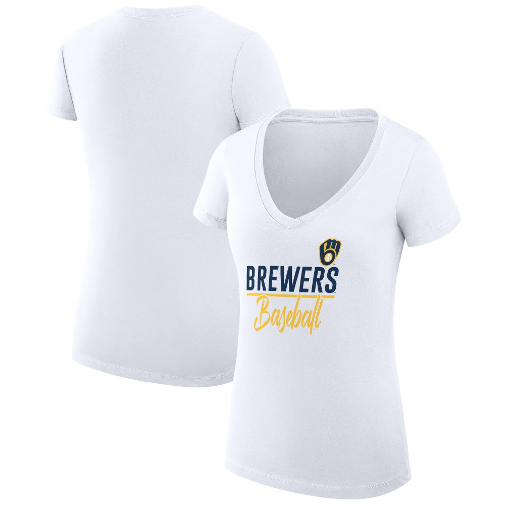 Milwaukee Brewers G-III 4Her by Carl Banks Women's Super-Slim Fit Lightweight Team Graphic V-Neck T-Shirt White
